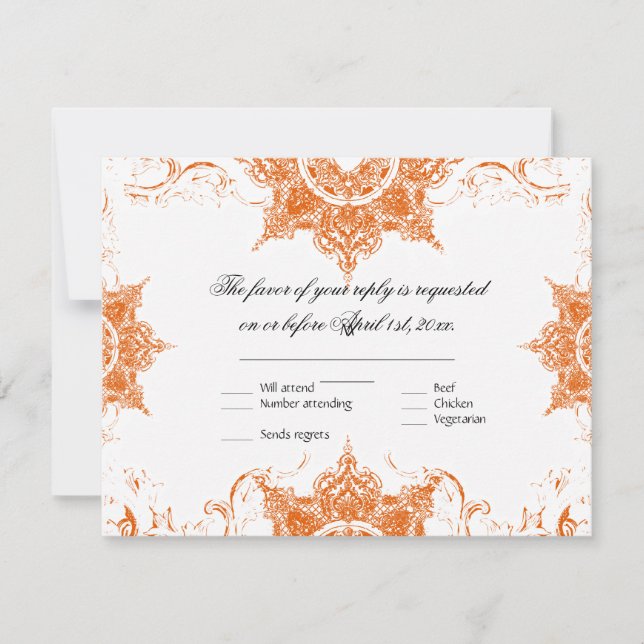 Toile Damask Swirl Wedding RSVP Card Tangerine (Front)