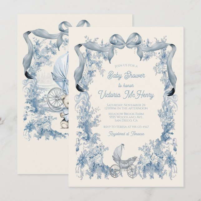 Toile De Joey Floral Bow Baby Shower Invitation (Front/Back)