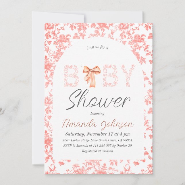 Toile de Jouy Arch Pink Bow Floral Baby Shower Invitation (Front)