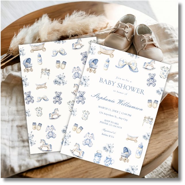 Toile De Jouy Baby Shower Blue Bow Boy Invitation (Creator Uploaded)