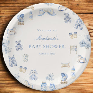 Toile De Jouy Baby Shower Blue Bow Boy Paper Plate