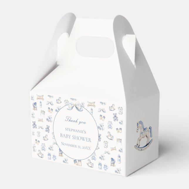 Toile De Jouy Baby Shower Blue Bow Favor Box (Front Side)