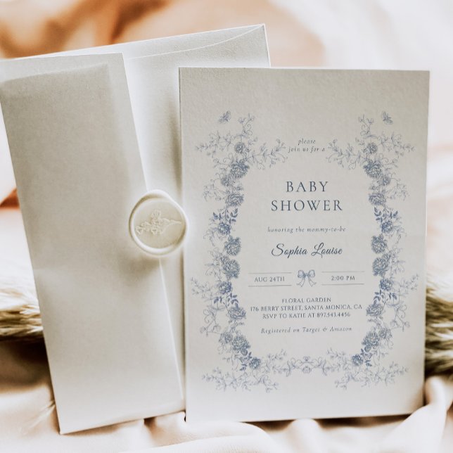 Toile de Jouy Baby Shower Blue Chinoiserie Floral  Invitation (Creator Uploaded)