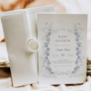 Toile de Jouy Baby Shower Blue Chinoiserie Floral Invitation