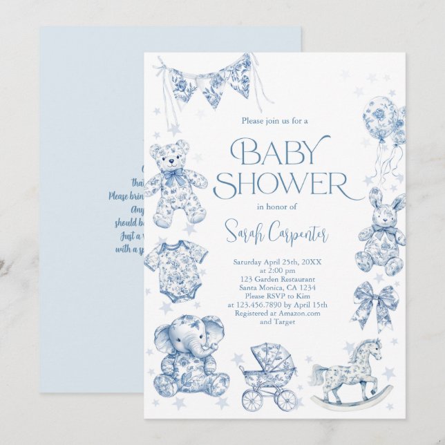 Toile De Jouy Baby Shower Boy Invitation (Front/Back)