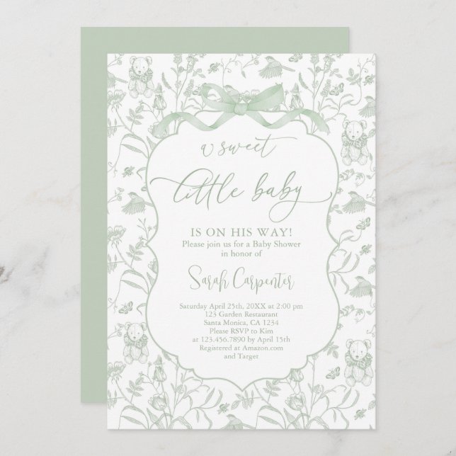 Toile De Jouy Baby Shower with Bow Invitation (Front/Back)