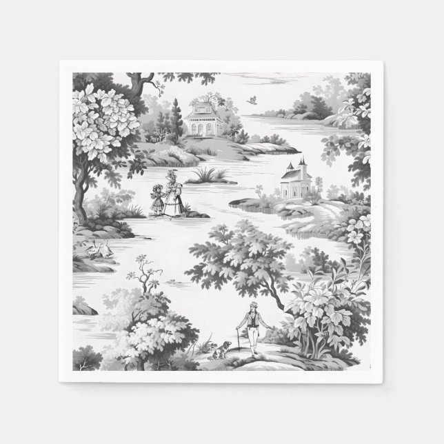 Toile de jouy,black and white,porcelain, napkin (Front)