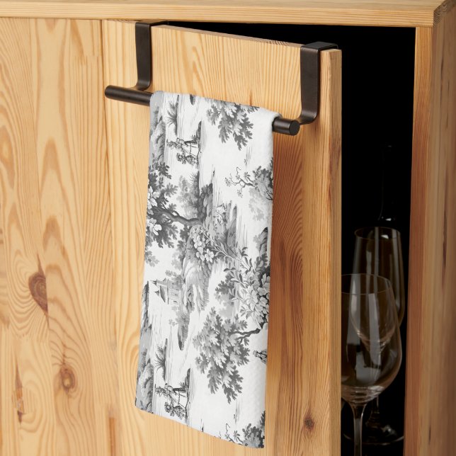 Toile de jouy,black and white,porcelain, tea towel (Thirds Fold)