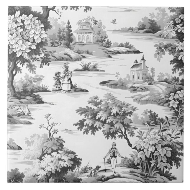 Toile de jouy,black and white,porcelain, tile (Front)