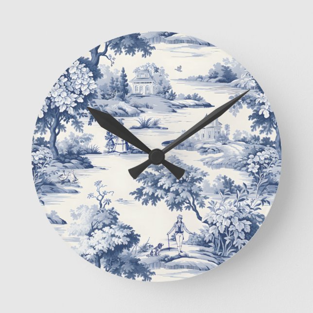 Toile de jouy,blue and white,porcelain, round clock (Front)
