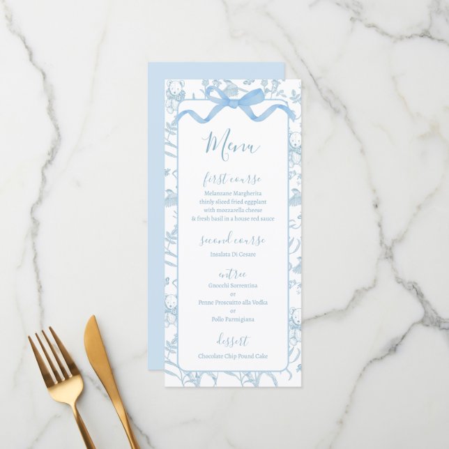 Toile de jouy Blue Baby Shower Boy Menu Card (Front/Back In Situ)