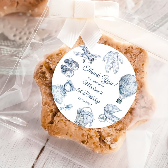 Toile De Jouy Blue Birthday Party  Classic Round Sticker (Creator Uploaded)