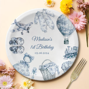 Toile De Jouy Blue Birthday Party Paper Plate