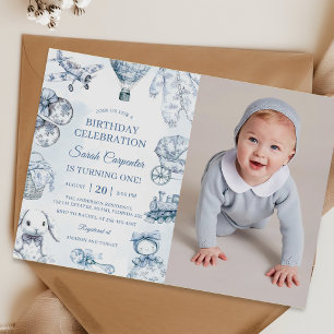 Toile De Jouy Blue Birthday Party Photo  Invitation
