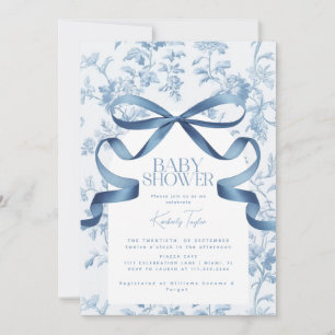 Toile De Jouy Blue Bow Baby Shower Invitation
