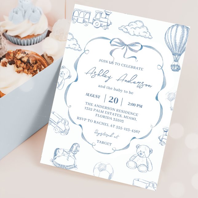 Toile De Jouy Blue Bow Baby Shower Party Invitation (Creator Uploaded)