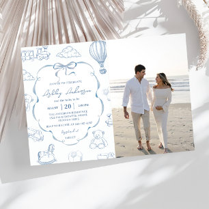 Toile De Jouy Blue Bow Baby Shower Party Photo  Invitation