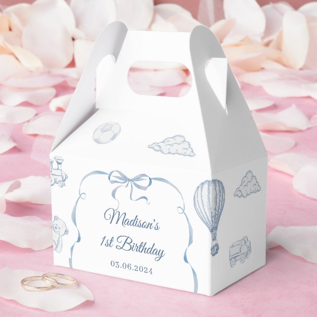 Toile De Jouy Blue Bow Birthday Party Favour Box (Wedding)