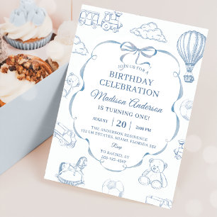 Toile De Jouy Blue Bow Birthday Party Invitation