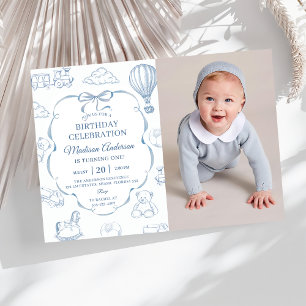 Toile De Jouy Blue Bow Birthday Party Photo Invitation
