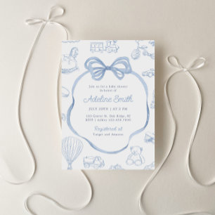 Toile de Jouy Blue Bow Chinoiserie Boy Baby Shower Invitation