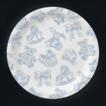 Toile de Jouy Blue Bow Paper Plate<br><div class="desc">These stunning Toile de Jouy Baby Shower plates in dusty blue bring an elegant, french-inspired chinoiserie design to your special event. Featuring classic toile illustrations of baby items like teddy bears, rocking horses, and baby clothes, this invitation blends timeless sophistication with a charming nursery theme, perfect for celebrating the upcoming...</div>