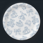 Toile de Jouy Blue Bow Paper Plate<br><div class="desc">These stunning Toile de Jouy Baby Shower plates in dusty blue bring an elegant, french-inspired chinoiserie design to your special event. Featuring classic toile illustrations of baby items like teddy bears, rocking horses, and baby clothes, this invitation blends timeless sophistication with a charming nursery theme, perfect for celebrating the upcoming...</div>