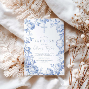 Toile De Jouy Blue  Boy Baptism Invitation
