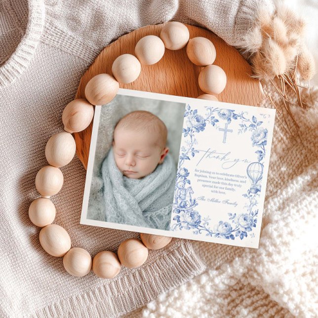 Toile De Jouy Blue Boy Baptism Thank You Card (Creator Uploaded)