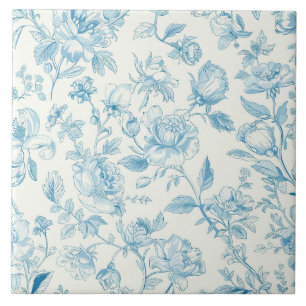 Toile de jouy Blue Chinoiseries Peonies Floral Tile