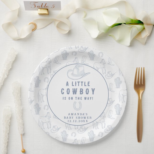 Toile de Jouy Blue Cowboy Western Baby Shower Paper Plate (Wedding)