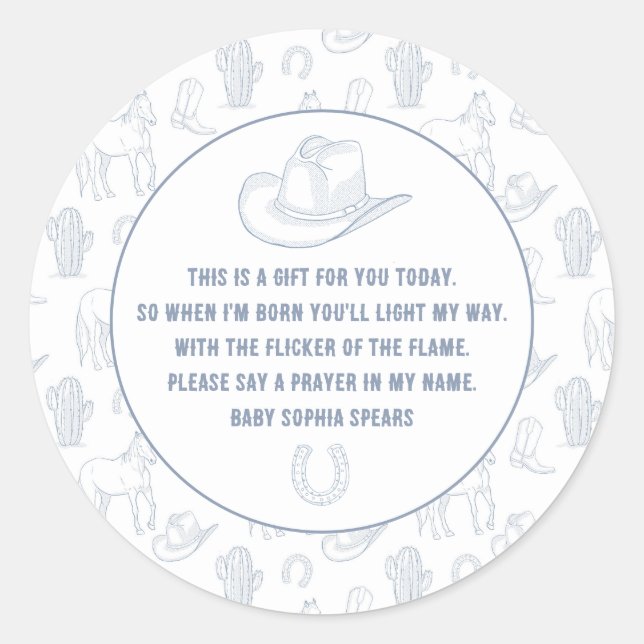Toile de Jouy Blue Cowboy Western Prayer Baby Classic Round Sticker (Front)
