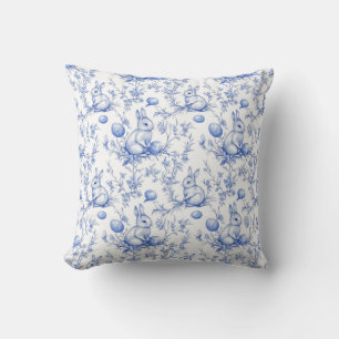 Toile De Jouy Blue Easter Bunny Cushion