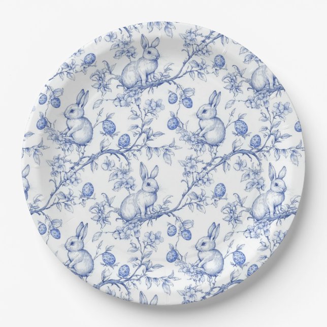 Toile De Jouy Blue Easter Bunny Paper Plate (Front)