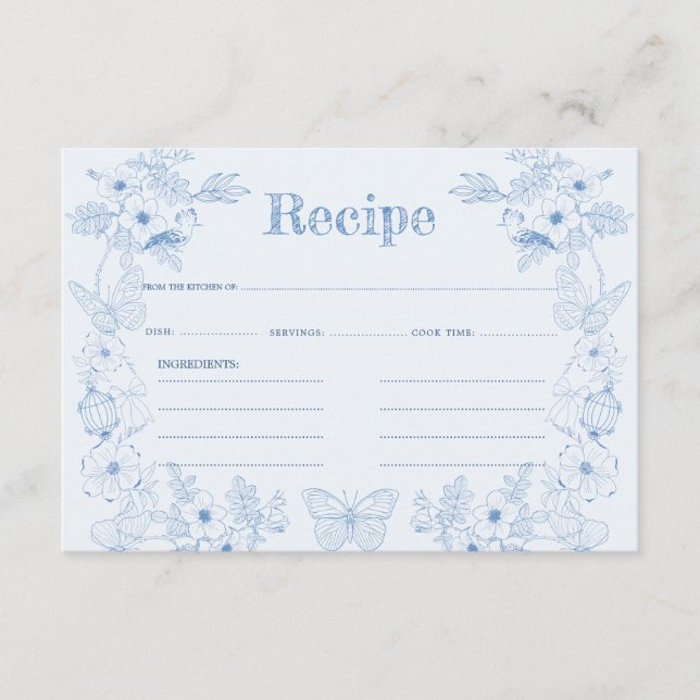 Toile De Jouy Blue Floral Bridal Shower Recipe Enclosure Card (Front)