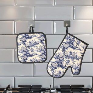 Toile De Jouy Blue pattern Navy Oven Mitt & Pot Holder Set