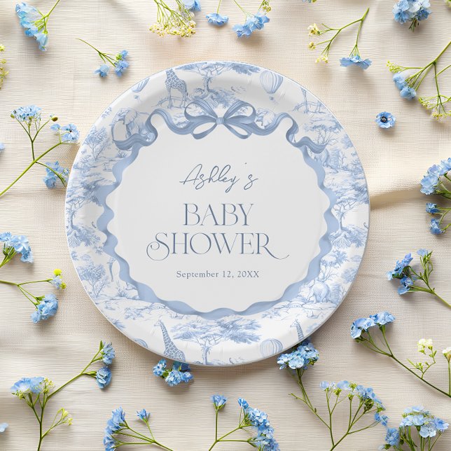 Toile de Jouy Blue Safari Animals Baby shower Paper Plate (Creator Uploaded)