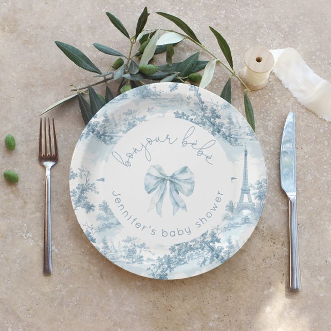 Toile de Jouy Bonjour bebe bow Baby shower Paper Plate (Creator Uploaded)