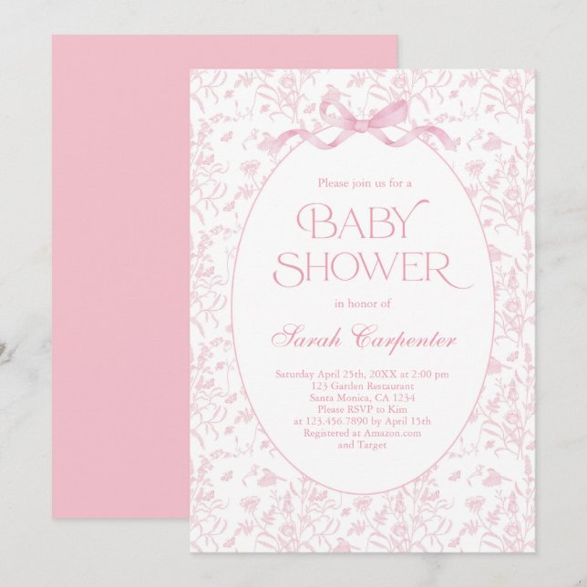 Toile De Jouy Bow Baby Shower Girl Invitation (Front/Back)