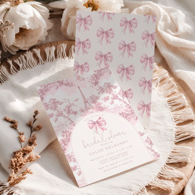 Toile de Jouy Bridal shower French Pink Bow Paris Invitation (Creator Uploaded)