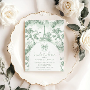 Toile de Jouy Bridal shower Sage French Bow Paris Invitation