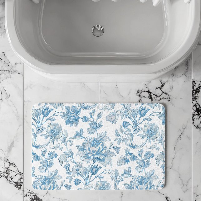 Toile-de-jouy Chinoiseries Blue Floral Pattern Bath Mat (Creator Uploaded)