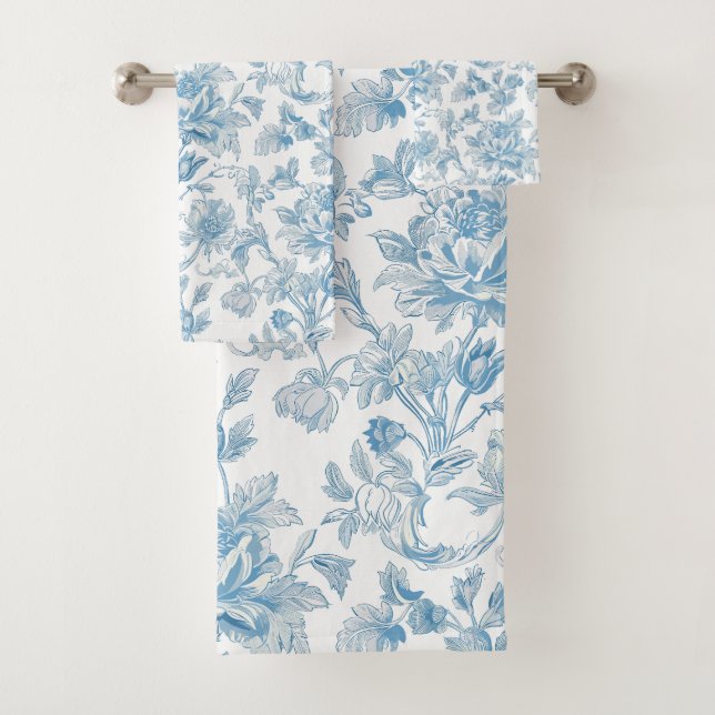 Toile-de-jouy Chinoiseries Blue Floral Pattern Bath Towel Set (Insitu)