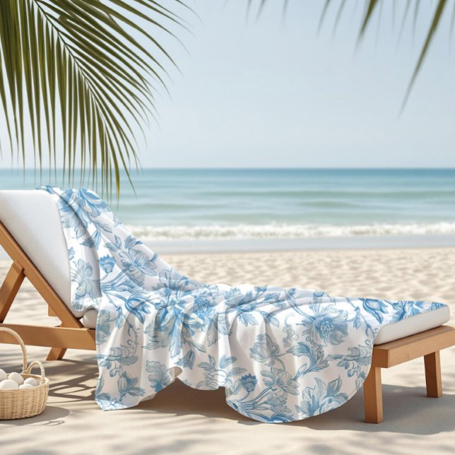 Toile-de-jouy Chinoiseries Blue Floral Pattern Beach Towel (Creator Uploaded)