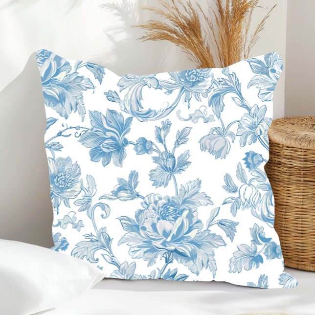 Toile-de-jouy Chinoiseries Blue Floral Pattern Cushion (Creator Uploaded)