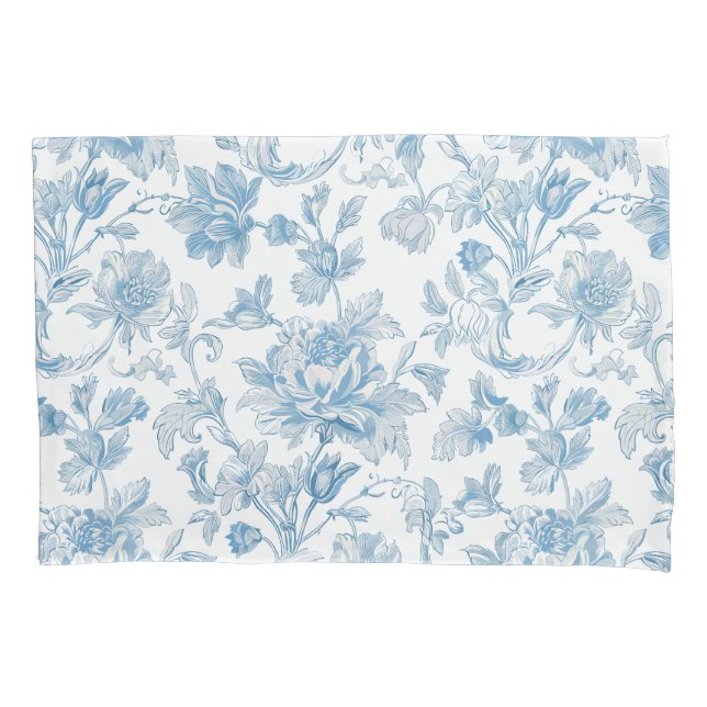 Toile-de-jouy Chinoiseries Blue Floral Pattern Pillowcase (Front)