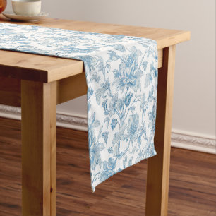Toile-de-jouy Chinoiseries Blue Floral Pattern Short Table Runner