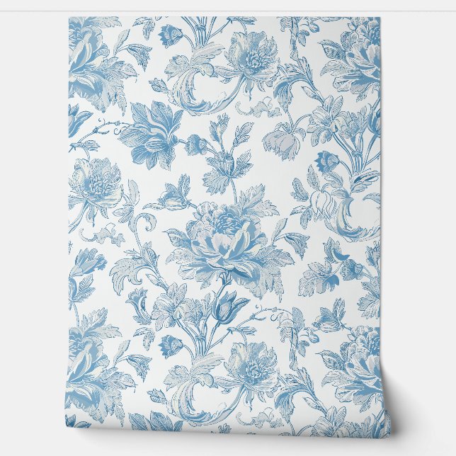 Toile-de-jouy Chinoiseries Blue Floral Pattern Wallpaper (Unrolling)