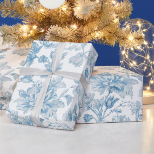 Toile-de-jouy Chinoiseries Blue Floral Pattern Wrapping Paper