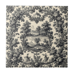 Toile De Jouy Countryside Floral Motif Monochrome  Tile